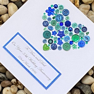 Tarjeta de aniversario de boda número 35 hecha a mano, tarjeta de aniversario personalizada, aniversario de jade, corazón de botón, abuelos, mamá y papá