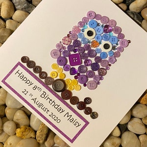 Handgemaakte gepersonaliseerde uil wenskaart, 3d uil verjaardagskaart, schattige uil verjaardagskaart, Kawaii verjaardagskaart, natuurliefhebber, uil cadeau, knop