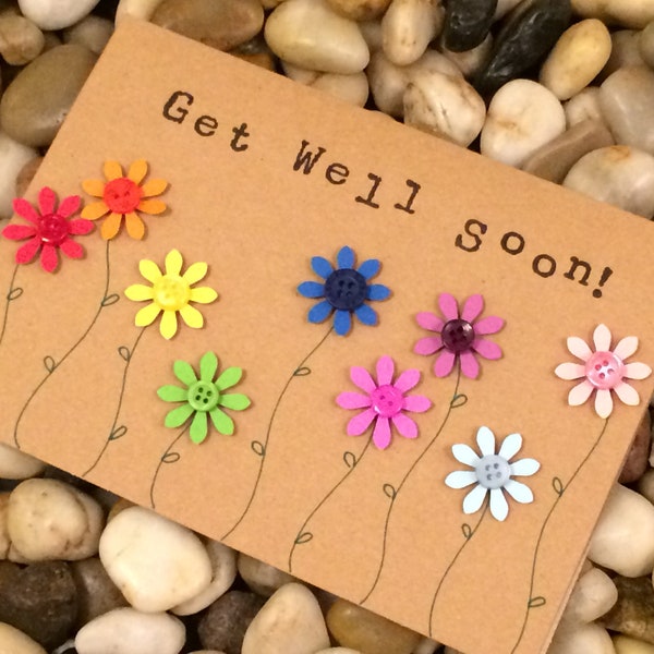 Get Well Soon Card, Under The Weather Card, Personalized Card, Paper Flowers, Button Card, Sickness Card, 3d Card, Handmade, Paper Punched