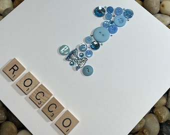 1st Birthday Card, Card For Boy, Baby Boy, Age With Buttons, Name With Scrabble Letters, Baby Gift, Baby&#39;s First Birthday, Handmade Card
