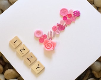 Personalised 1st Birthday Card For Girl, Baby Girl, Age With Buttons, Name With Scrabble Letters, Baby Gift, Baby&#39;s First Birthday, Handmade