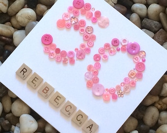 Handmade 50th Birthday Card. Milestone Birthday Card For Woman or Girl. Age with Buttons. Name with Scrabble tiles. Personalised. Customised
