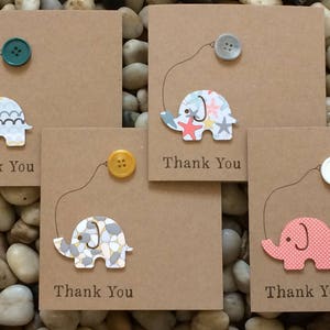 Handgemachte Neue Baby Dankeskarten, Elefant und Ballon, Baby Junge oder Baby Mädchen, 4er Pack, rustikale Karten, Taufe, Knopfkarten, 3d