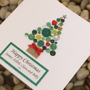 Tarjeta personalizada de árbol de Navidad hecha a mano, tarjeta de Navidad personalizada, árbol de Navidad con botones, tarjeta 3d, Navidad única, regalo único, recuerdo