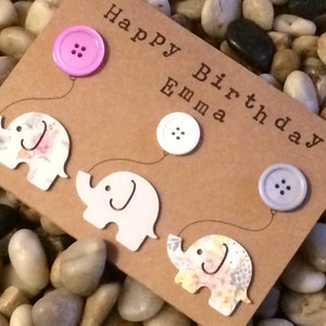 1. Geburtstagskarte Mädchen, Elefant und Ballon, Name, handgestempelt, Baby Mädchen, Geburtstagskarte, personalisiert, Handgemacht, 3D, Luxus, Rustikal