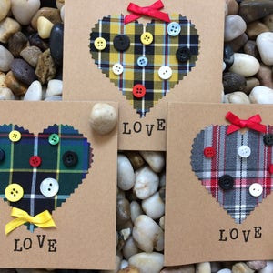 Rustikale Luxus Tartan LOVE Herz Karte, Valentinstag, Hochzeit, Jahrestag, Verlobung, Geburtstag, Schotten, Kornisch, Walisisch, Made in Cornwall