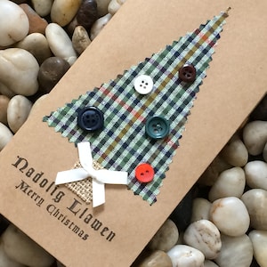 4 Pack &#39;Nadolig Llawen&#39; Welsh Tartan Christmas Tree Cards, Rustic Christmas Card, Merry Christmas Wales, Handmade Welsh Language Holiday