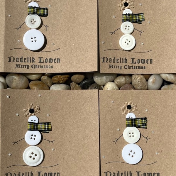 4 Pack Handmade Cornish Snowman Holiday Cards, Button Snowman, Christmas Cards, Xmas Cards, White Christmas, Cute Cards, Unique Cards