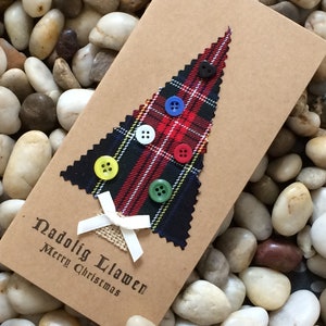 4 Pack &#39;Nadolig Llawen&#39; Welsh Tartan Christmas Tree Cards, Rustic Christmas Card, Merry Christmas Wales, Handmade Welsh Language Card Set