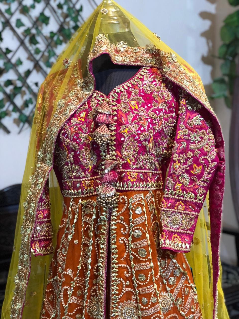 orange and pink mehndi dress