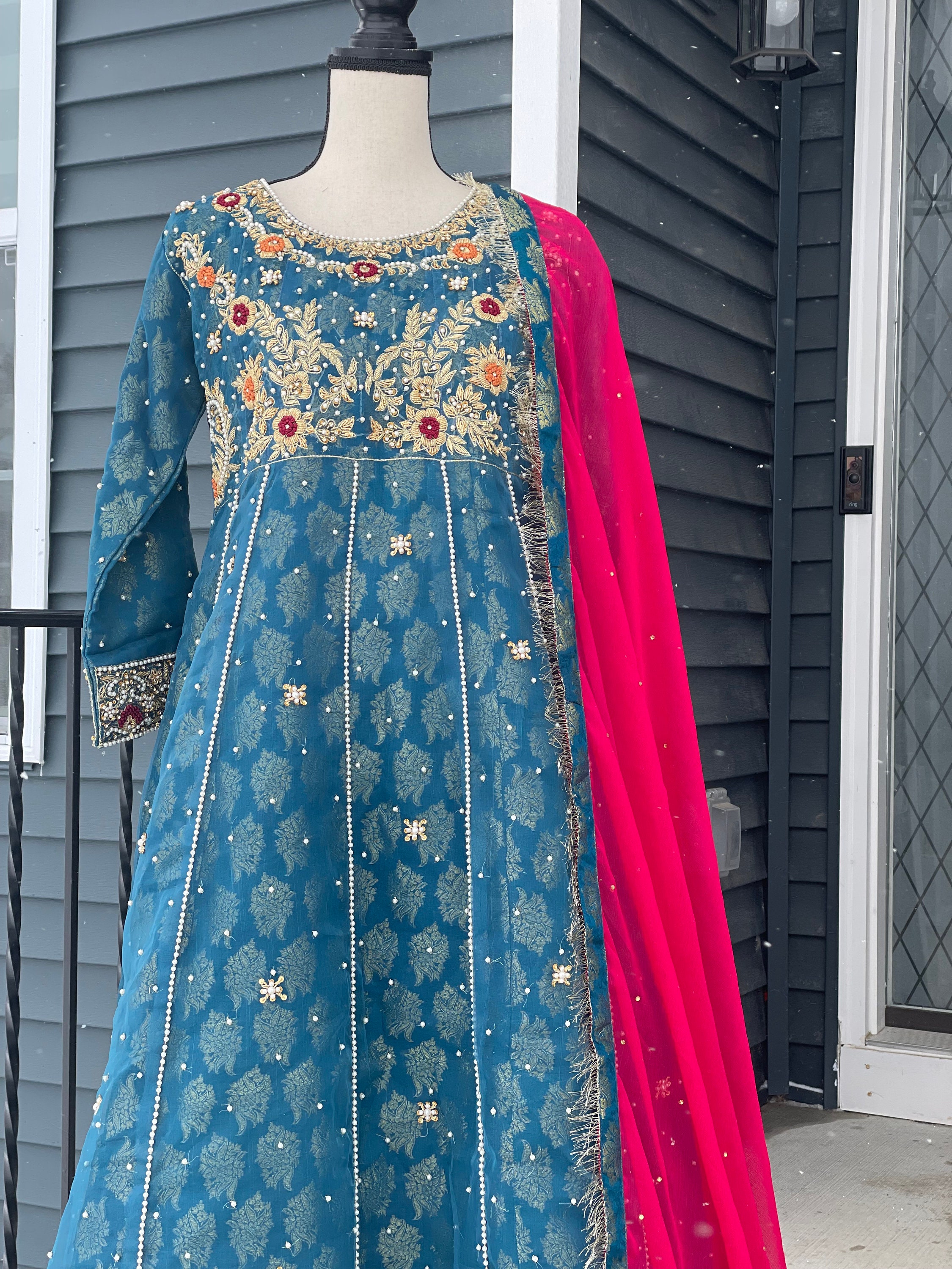 Teal Blue Frock Style Kameez Banarsi 