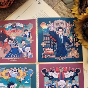 May include: Four square prints featuring characters from the anime Hunter x Hunter. The prints are in a vintage style with ornate frames. The characters are depicted in various scenes from the anime.