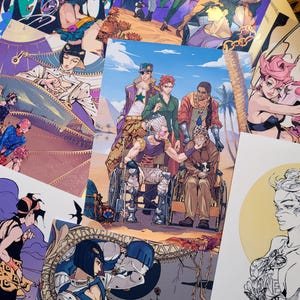 May include: A set of six illustrated cards featuring characters from the anime series JoJo's Bizarre Adventure. The cards are printed on white cardstock and feature colourful illustrations of the characters in various poses. The cards are all different sizes and shapes, and some of them have text on them.