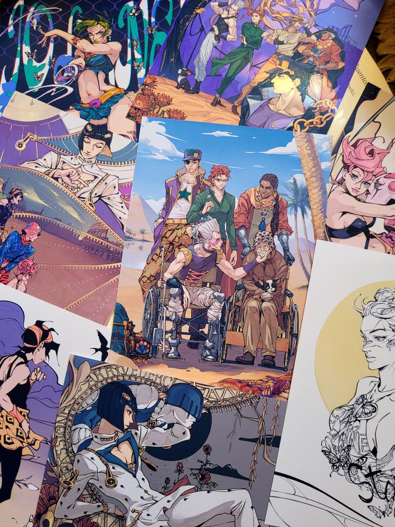May include: A set of six illustrated cards featuring characters from the anime series JoJo's Bizarre Adventure. The cards are printed on white cardstock and feature colorful illustrations of the characters in various poses. The cards are all different sizes and shapes, and some of them have text on them.