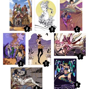 May include: A set of 8 colorful illustrations featuring characters from the anime series JoJo's Bizarre Adventure. The illustrations are in a variety of styles, including line art, full color, and a combination of both. The characters are depicted in various poses and expressions, showcasing their unique personalities and abilities.