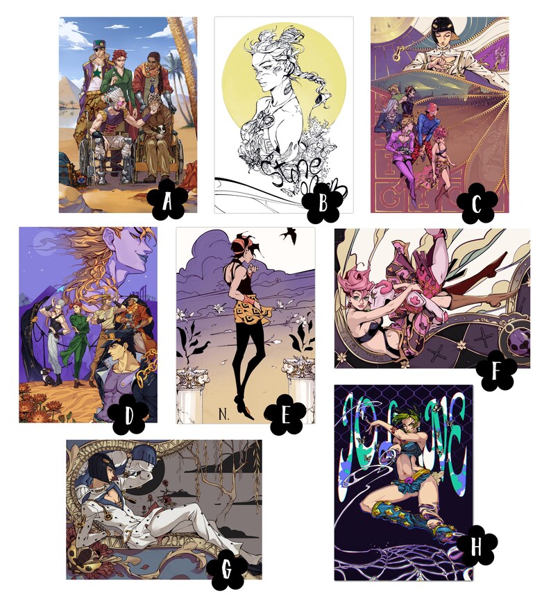 May include: A set of 8 colorful illustrations featuring characters from the anime series JoJo's Bizarre Adventure. The illustrations are in a variety of styles, including line art, full color, and a combination of both. The characters are depicted in various poses and expressions, showcasing their unique personalities and abilities.