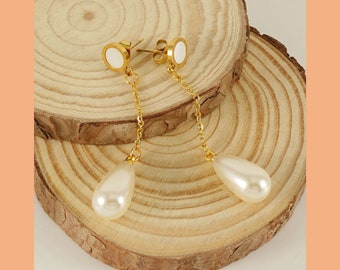 Earring with Drop-Shaped Pearl | Dangling with Pearl and Gold Chain for Groom | Wedding Jewelry | Wedding Gift