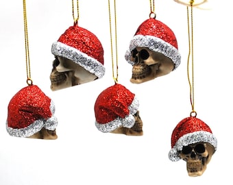Red Glitter Santa Hat Skull Christmas Bauble, Gothic Xmas Decor