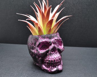 Handmade Black & Pink Skull Planter, Gothic Halloween Decor