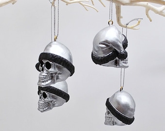 Silver Santa Hat Skull Bauble, Jesmonite Christmas Tree Ornament