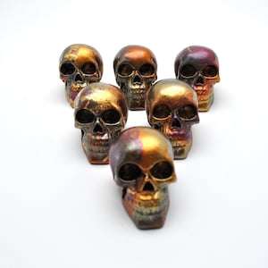 May include: Six metallic-finished skull figurines arranged in a triangular pattern. The skulls have a blend of gold, bronze, and purple hues. Each skull has detailed facial features, including eye sockets, a nose cavity, and teeth.