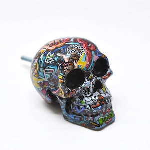 Graffiti Skull Drawer Knob, Handmade Resin Gothic Decor