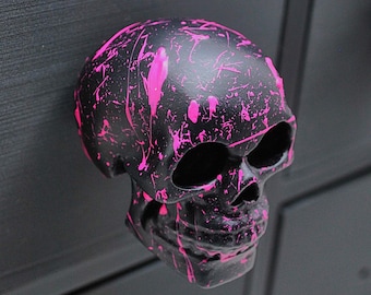Handmade Skull Door Knob: Pink Paint Splatter Resin Cabinet Pull