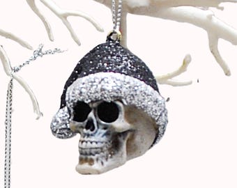 Glitter Santa Hat Skull Bauble: Jesmonite Christmas Tree Ornament