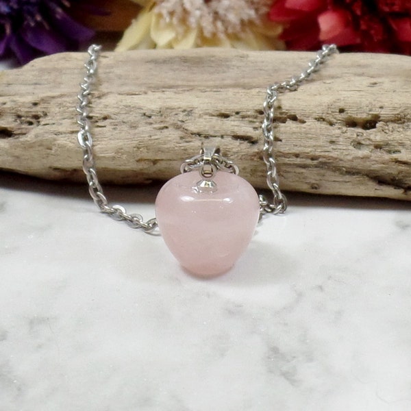 Dainty Pink Rose Quartz Apple Necklace, Gemstone Apple Necklace, Fruit Jewelry, Eve Apple, Garden of Eden