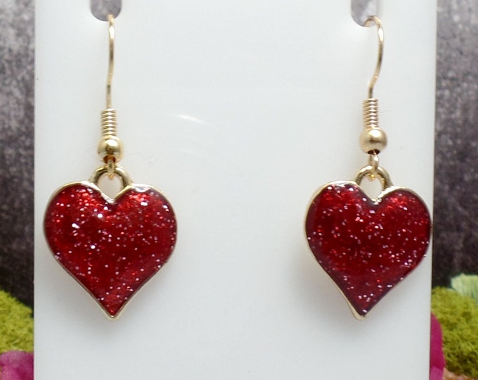 Red Glitter Heart Earrings Gothic Heart Earrings Gold and Etsy
