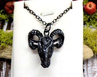 Black Goat Head Necklace, Black Ram Head Necklace, Animal Necklace, Gothic Goat, Satanic Necklace, Halloween Necklace, Baphomet
