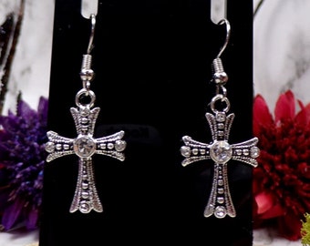 Dainty Silver Rhinestone Cross Earrings, Gothic Cross Earrings, Clear Rhinestones