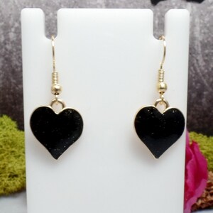 Black Glitter Heart Earrings, Gothic Heart Earrings, Gold and Black, Queen of Hearts, Black Valentines Earrings, Valentine Heart