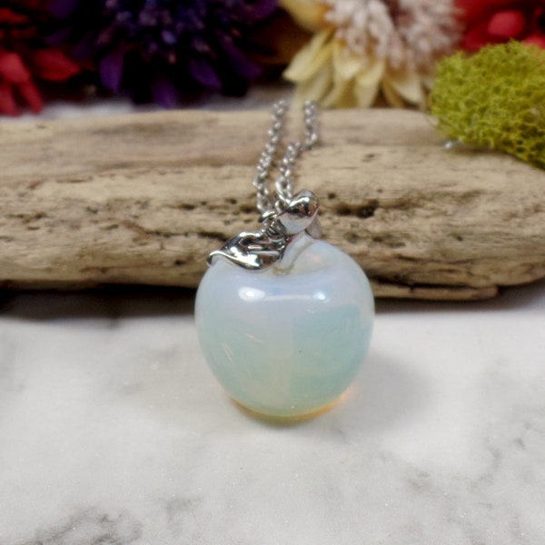 White Opalite Apple Necklace, Gemstone Apple Necklace, Fruit Jewelry, Eve Apple, Garden of Eden