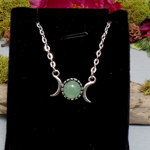 Dainty Green Triple Moon Necklace - Gemstone Triple Moon Necklace - Triple Moon Goddess - Goddess Moon Necklace - Aventurine Moon Necklace
