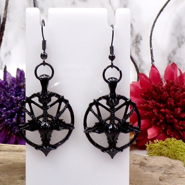 Black Baphomet Inverted Pentacle Earrings, Pentagram Earrings, Baphomet Head, Goat Head Earrings, Pagan Earrings, Satanist, Gothic