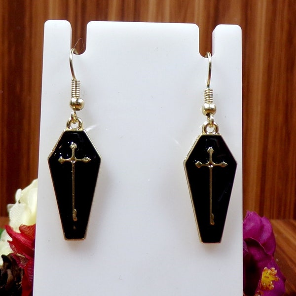 Dainty Black Vampire Coffin Earrings, Gold Cross Coffin Earrings, Horror, Halloween Earrings, Enamel Coffin Earrings, Coffin Jewelry