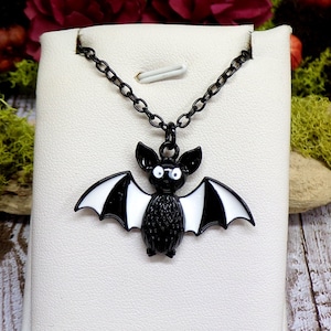 Black And White Striped Bat Necklace, Halloween Bats, Gothic Bats, Whimsical Necklace, Halloween Necklace, Bat Jewelry