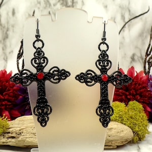 Black Ornate Gothic Cross Earrings, Red & Black Earrings, Red Rhinestone Cross