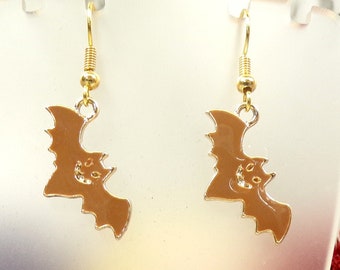 Dainty Brown Bat Earrings, Enamel Bat Earrings, Smiling Bat Earrings, Halloween Bat Earrings, Gold Bat Earrings