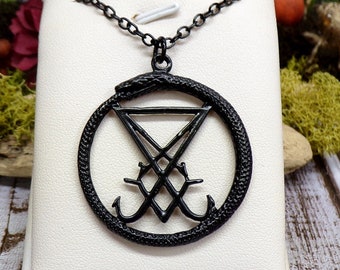 Black Ouroboros Sigil of Lucifer Necklace: Gothic Satanic Jewelry