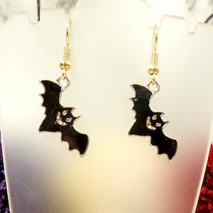 Dainty Black Bat Earrings, Enamel Bat Earrings, Smiling Bat Earrings, Halloween Bat Earrings, Gold Bat Earrings