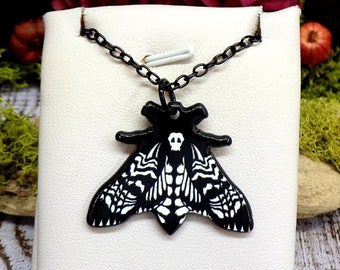 Death Head Moth Necklace, Gothic Moth Necklace, Acrylic Charm Necklace, Double Sided, Black And White Necklace, Moth Jewelry
