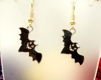 Dainty Black Bat Earrings, Enamel Bat Earrings, Smiling Bat Earrings, Halloween Bat Earrings, Gold Bat Earrings