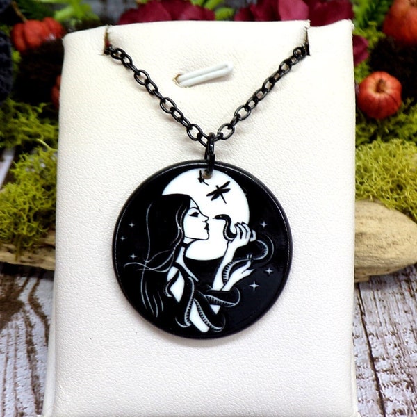 Lilith Necklace, Full Moon, Snake, Judaic Demon, Black and White Necklace, Hecate Necklace, Pagan, Wiccan