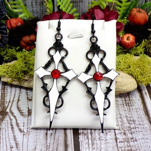 Black And White Gothic Cross Earrings, Red & White Crosses, Red Rhinestone Cross, Vampire Gifts, Victorian Jewelry