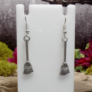 Dainty Silver Broom Earrings, Tiny Besoms, Witches Broom Earrings, Kitchen Broom Earrings