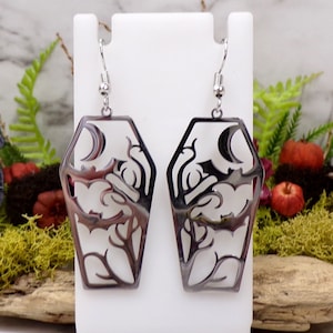 Forest Bat Coffin Earrings, Vampire Coffin, Vampire Bats, Coffin Jewelry, Flying Bats, Halloween Earrings, Gothic Earrings