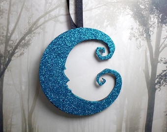 Set of 2 Blue Glitter Crescent Moon Ornaments, Wood Ornaments, Halloween Tree, Yule, Glitter Moon, Christmas Ornament, Pagan