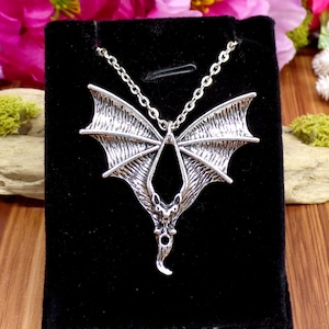 Silver Hanging Bat Necklace – Gothic Flying Bat Pendant – Witchy Halloween Jewelry Gift - Vampire Bat